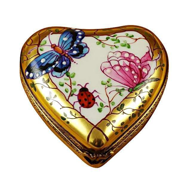 Heart Butterfly on Gold Base Limoges Porcelain Art Object Gift, a hand-painted Limoges porcelain gift