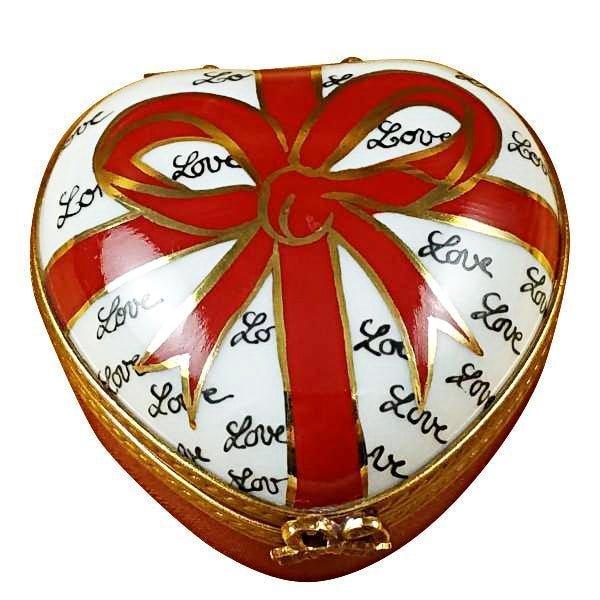 Porcelain Heart Red Bow Three Candies Limoges Box, a hand-painted Limoges porcelain gift