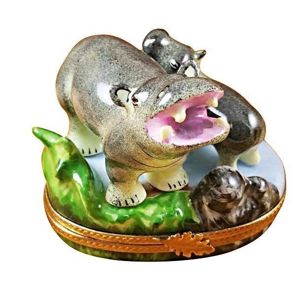 Hippo and Baby Limoges Box for Animal Lovers, a hand-painted Limoges porcelain gift