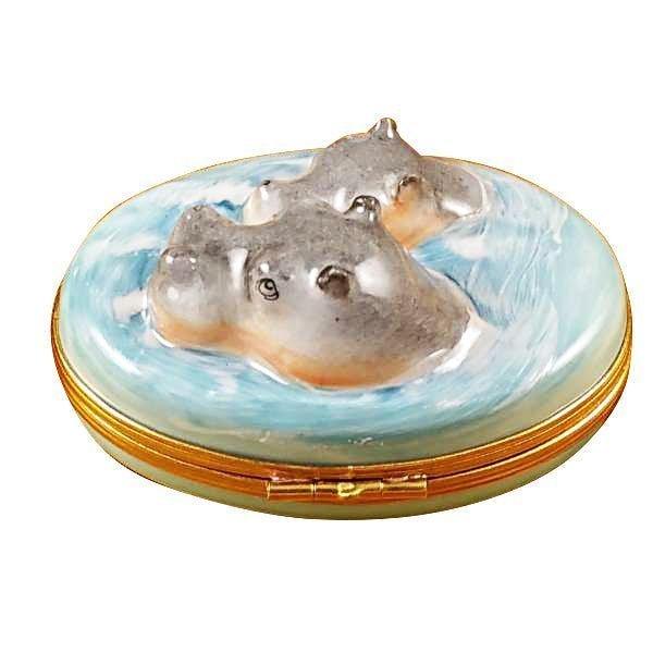 Hippo with Baby in Water Limoges Box, view 3