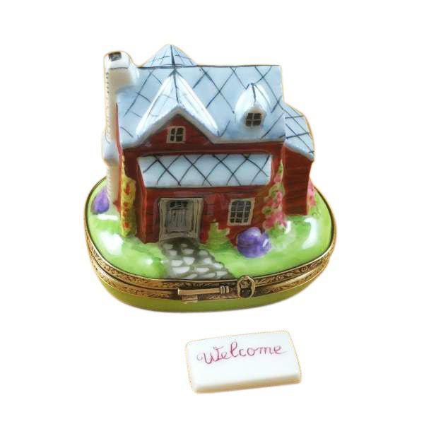 House Cottage Welcome Plaque Limoges Box, a hand-painted Limoges porcelain gift