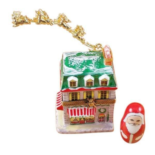House with Santa and Brass Reindeer Limoges Box Gift, a hand-painted Limoges porcelain gift