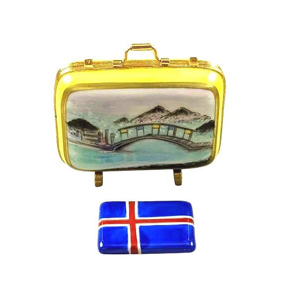 Iceland Suitcase with Removable Flag Limoges Box, a hand-painted Limoges porcelain gift