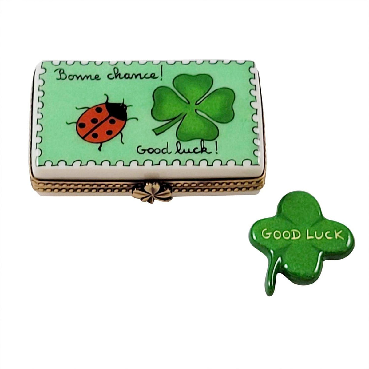 Irish Good Luck with Removable FourLeaf Clover Limoges Box, a hand-painted Limoges porcelain gift