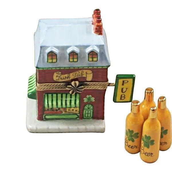 Irish Pub Four Beer Bottles Limoges Box, a hand-painted Limoges porcelain gift