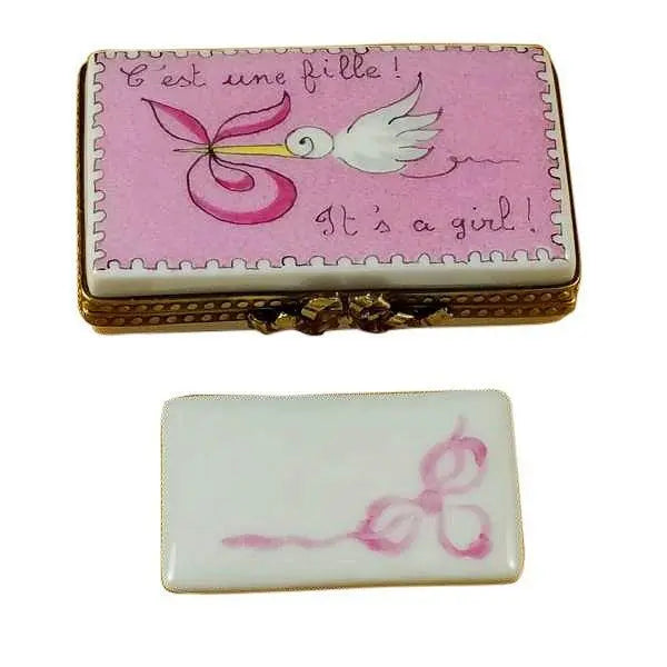 Its a Girl Pink Stork Limoges Box, a hand-painted Limoges porcelain gift