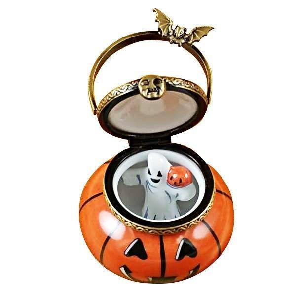 Fine French craftsmanship on the Jack O Lantern Pail with Removable Ghost Limoges box, painted by hand