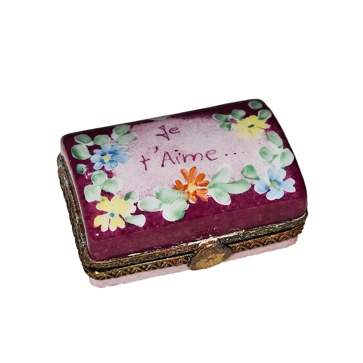 Small Floral Je Taime Trunk Box, a hand-painted Limoges porcelain gift