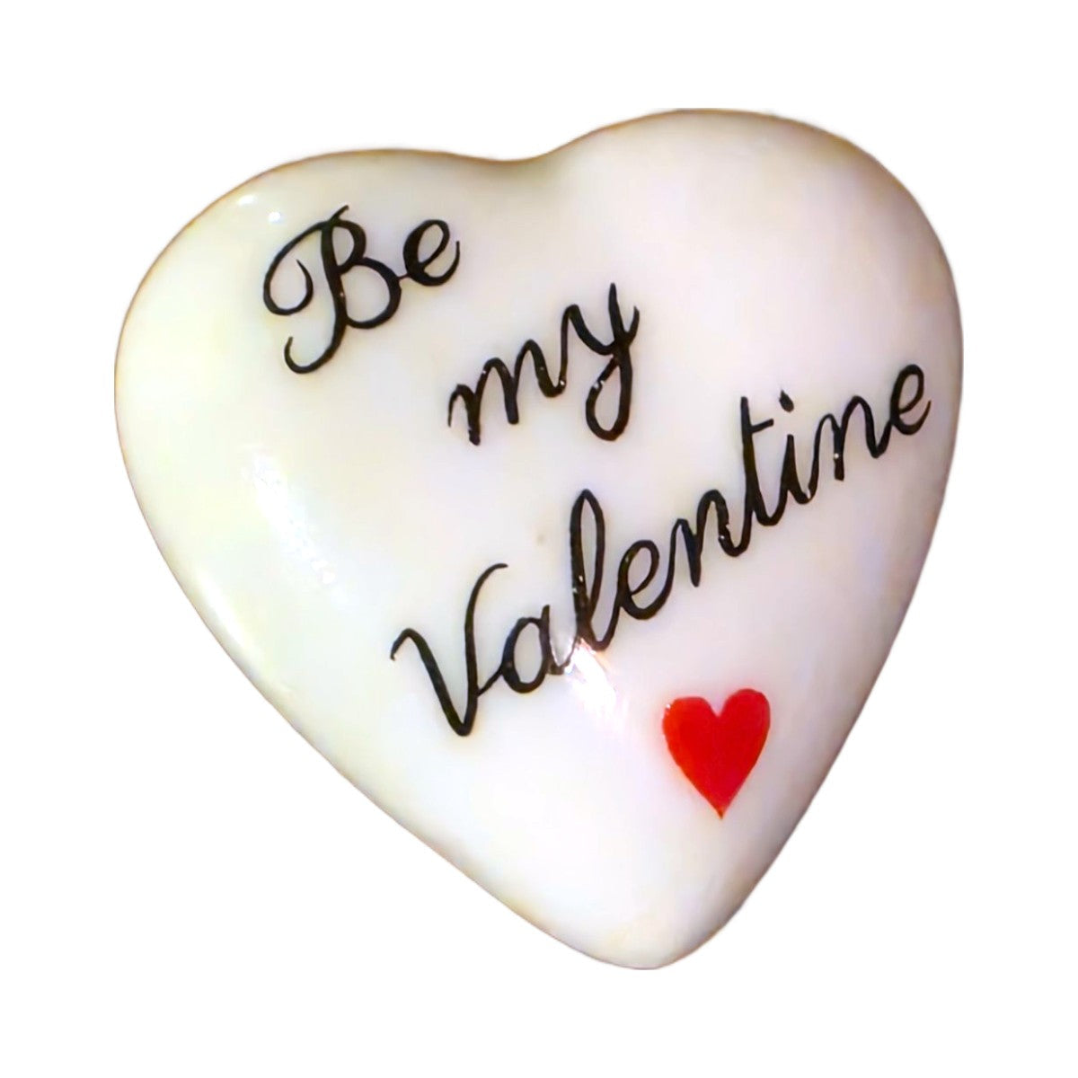 Be My Valentine porcelain goodie trinket, heart shape, 1 inch wide, with a red heart