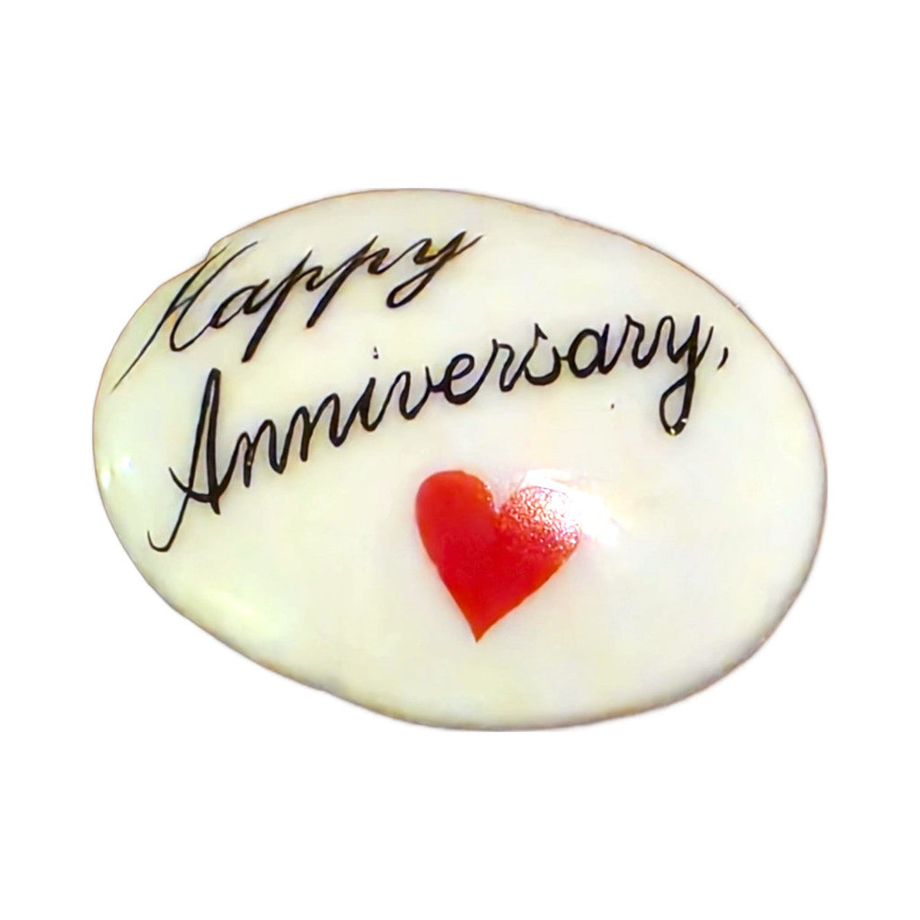 Happy Anniversary! porcelain goodie trinket, oval shape, 1 inch wide, with a red heart