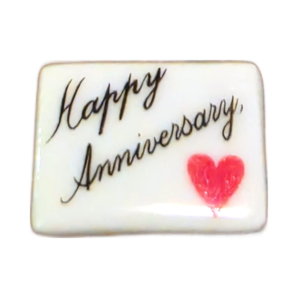 Happy Anniversary! porcelain goodie trinket, rectangle shape, 5/8 inch wide, with a red heart
