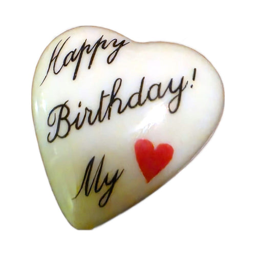 Happy Birthday My Love! porcelain goodie trinket, heart shape, 1 inch wide, with a red heart