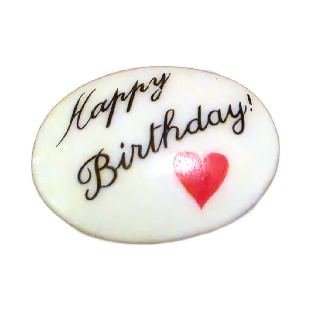 Happy Birthday! porcelain goodie trinket, oval shape, 1 inch wide, with a red heart