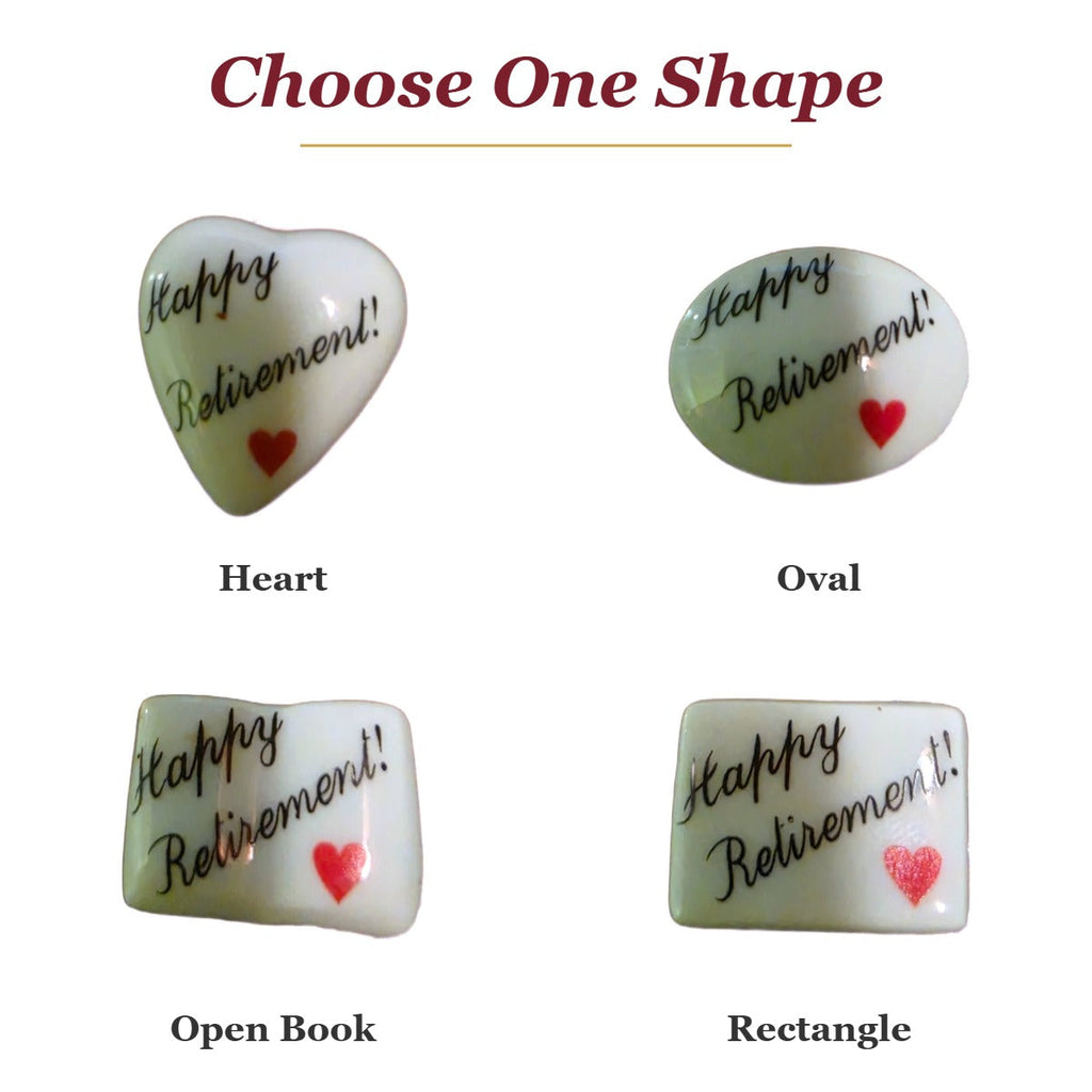 Happy Retirement! porcelain goodie trinkets in all shapes: heart, oval, open book and rectangle