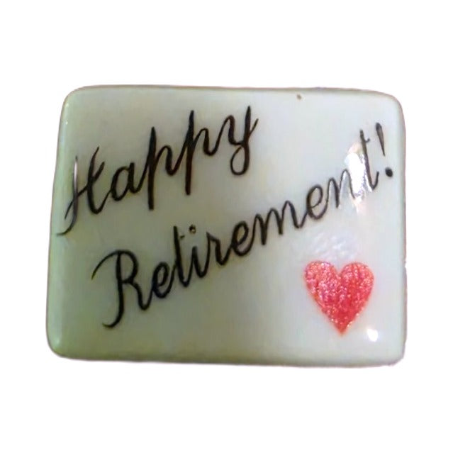 Happy Retirement! porcelain goodie trinket, rectangle shape, 5/8 inch wide, with a red heart