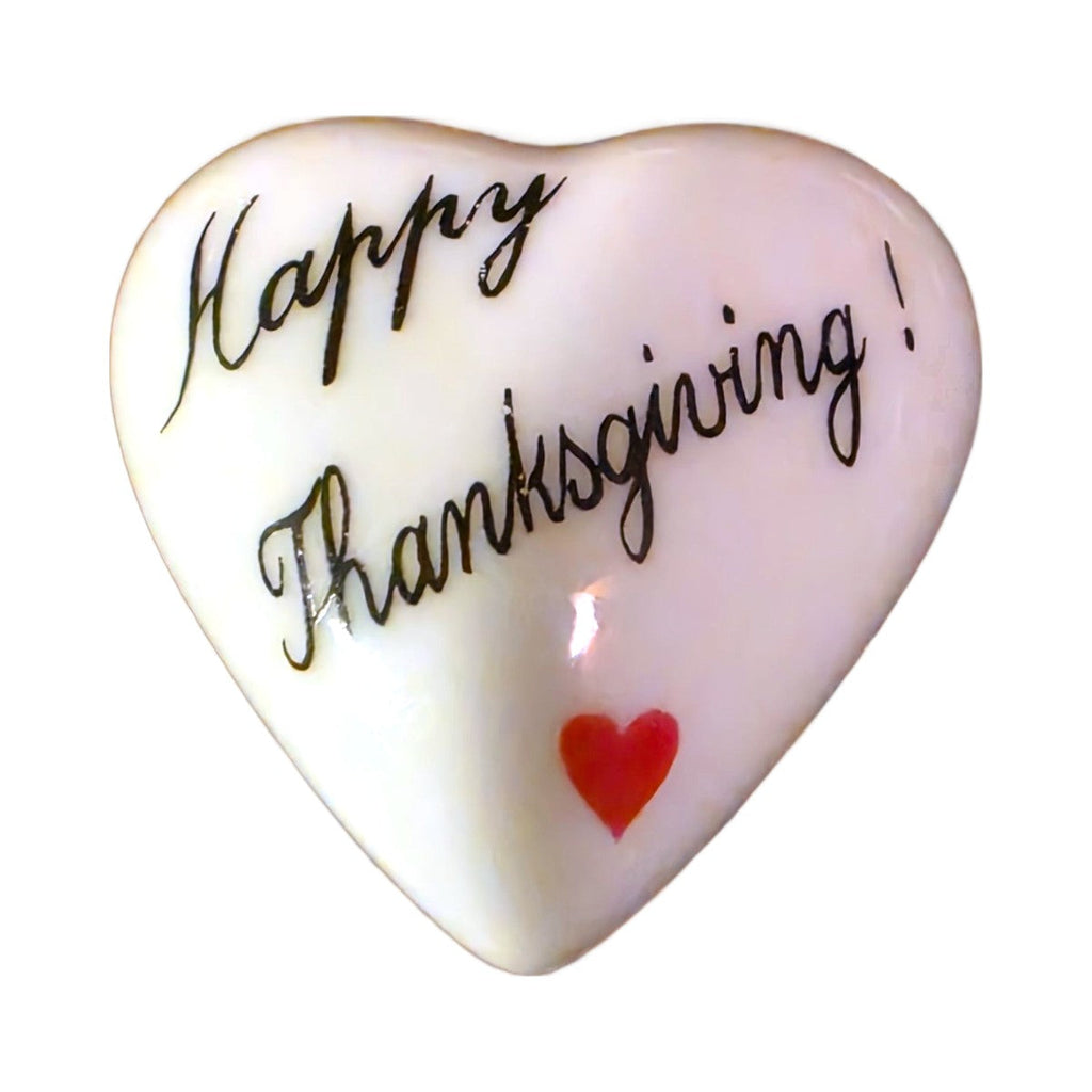 Happy Thanksgiving! porcelain goodie trinket, heart shape, 1 inch wide, with a red heart