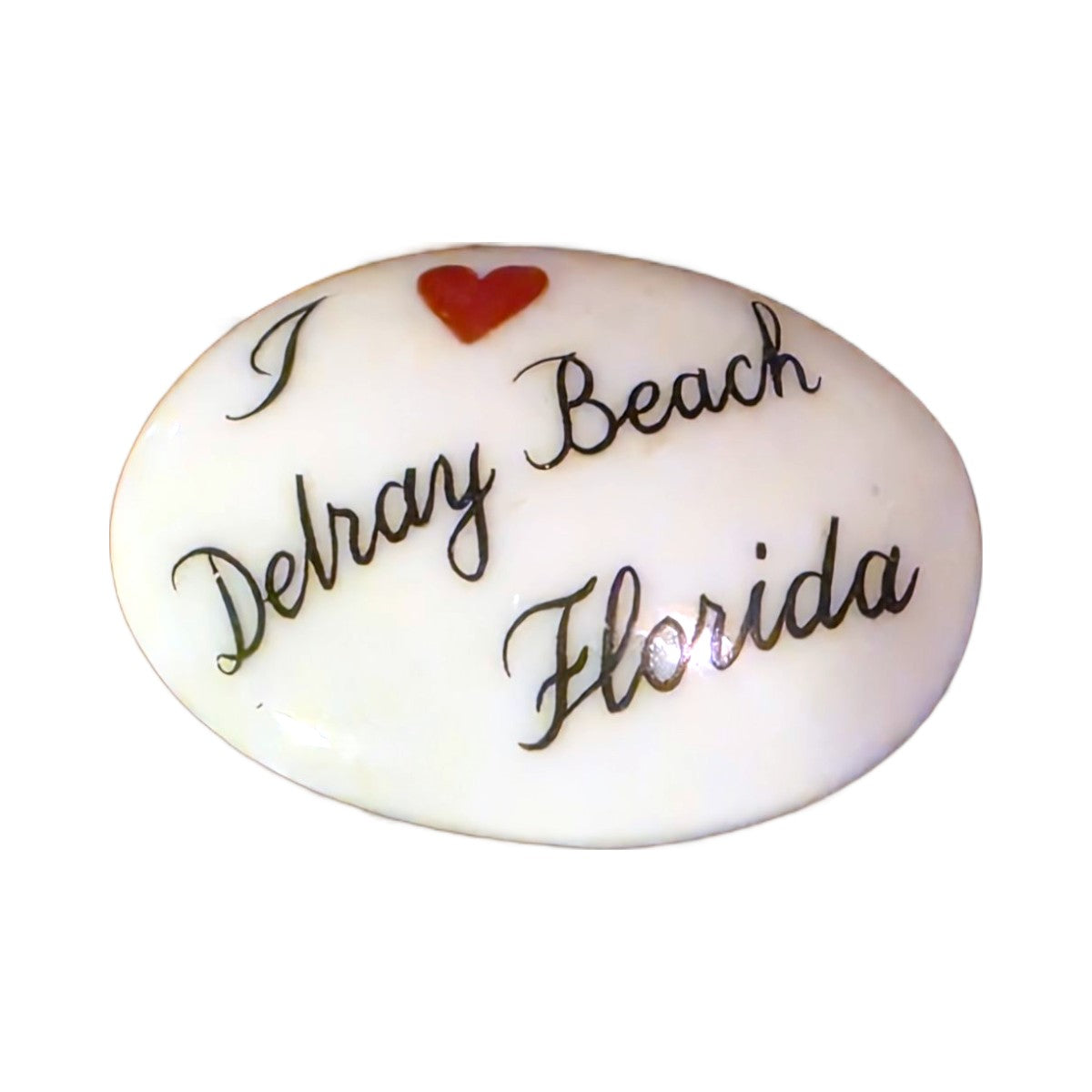 I Love Delray Beach, Florida porcelain goodie trinket, oval shape, 1 inch wide, with a red heart