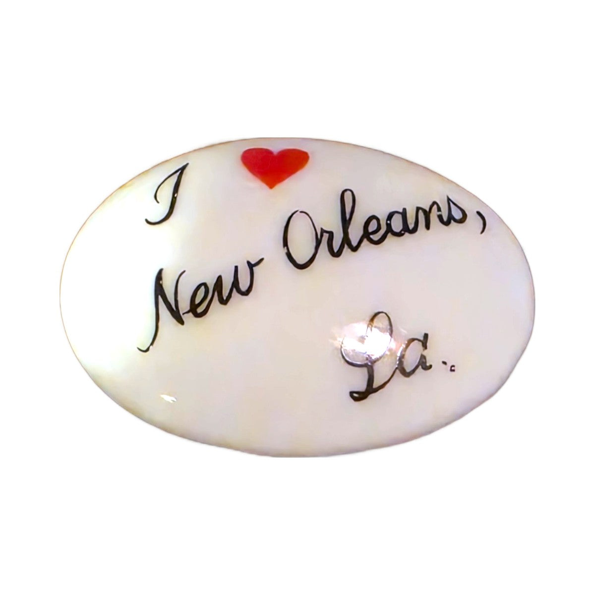 I Love New Orleans, LA porcelain goodie trinket, oval shape, 1 inch wide, with a red heart