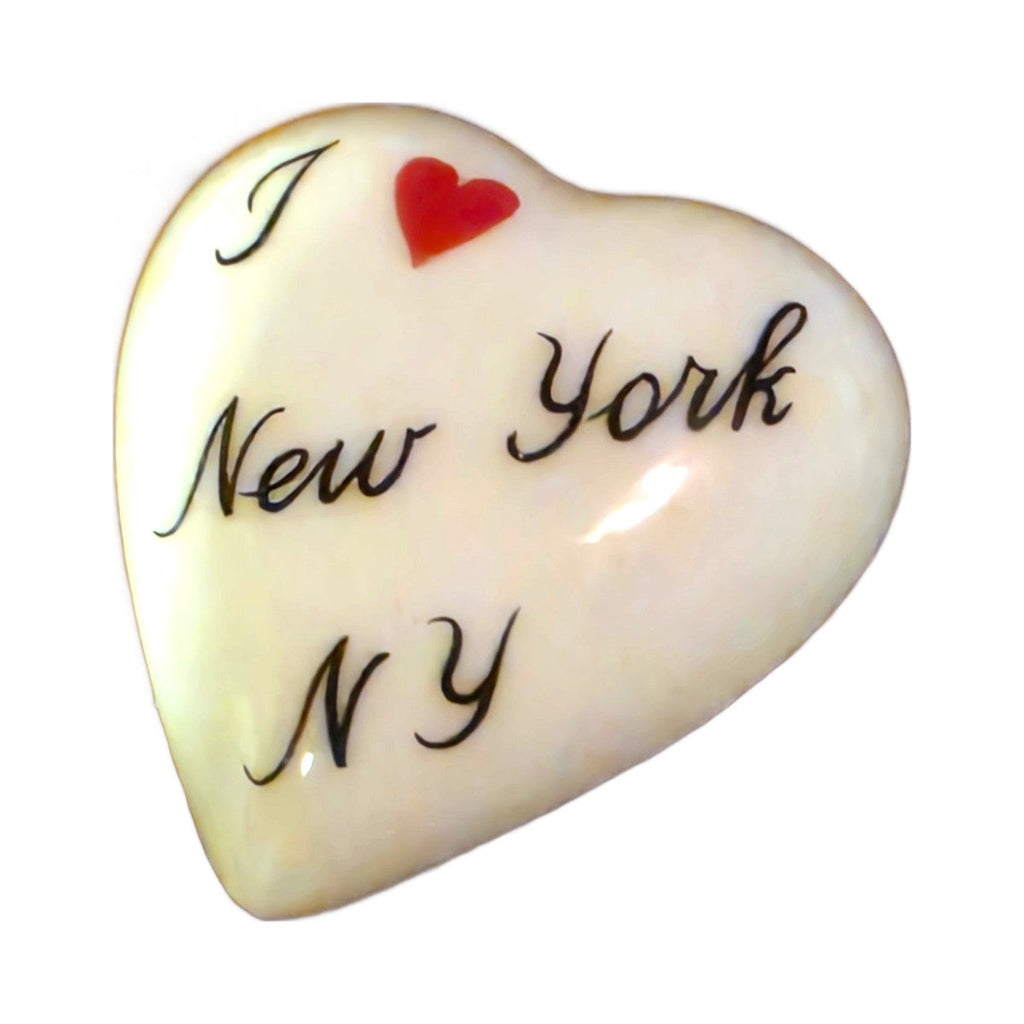 I Love New York, NY porcelain goodie trinket, heart shape, 1 inch wide, with a red heart
