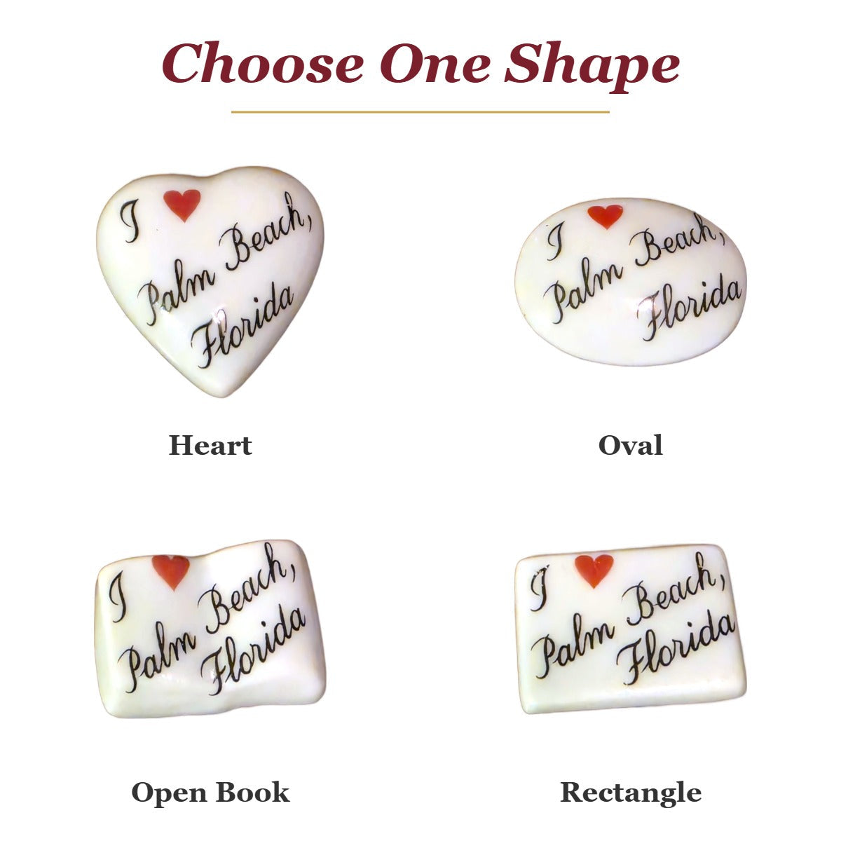 I Love Palm Beach, Florida porcelain goodie trinkets in all shapes: heart, oval, open book, rectangle