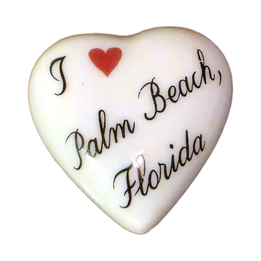 I Love Palm Beach, Florida porcelain goodie trinket, heart shape, 1 inch wide, with a red heart