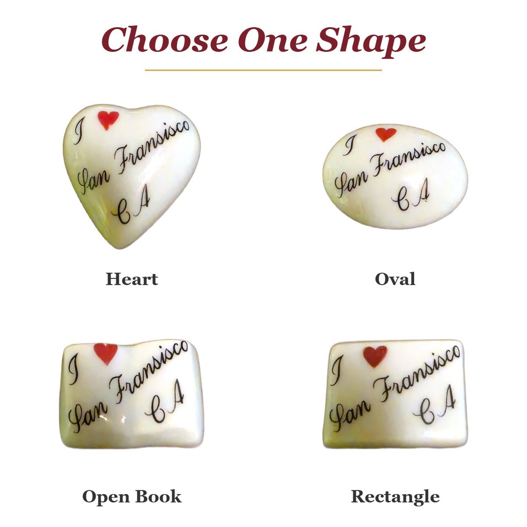 I Love San Francisco, CA porcelain goodie trinkets in all shapes: heart, oval, open book, rectangle