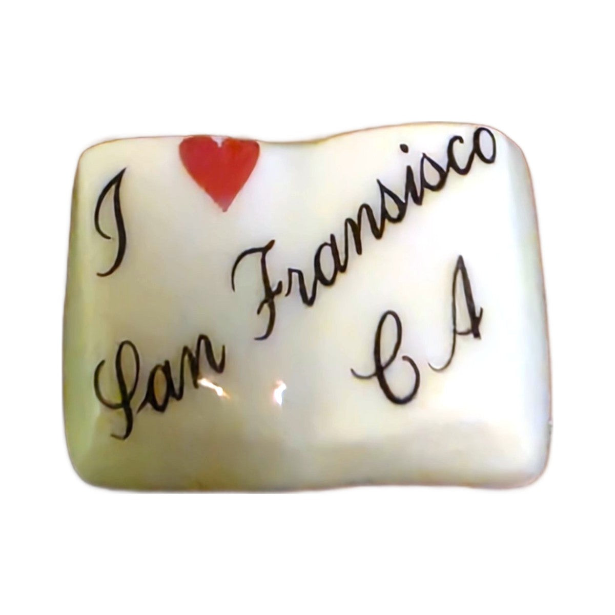 I Love San Francisco, CA porcelain goodie trinket, open book shape, 5/8 inch wide, with a red heart