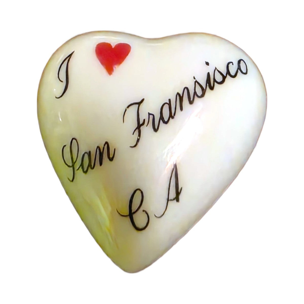 I Love San Francisco, CA porcelain goodie trinket, heart shape, 1 inch wide, with a red heart