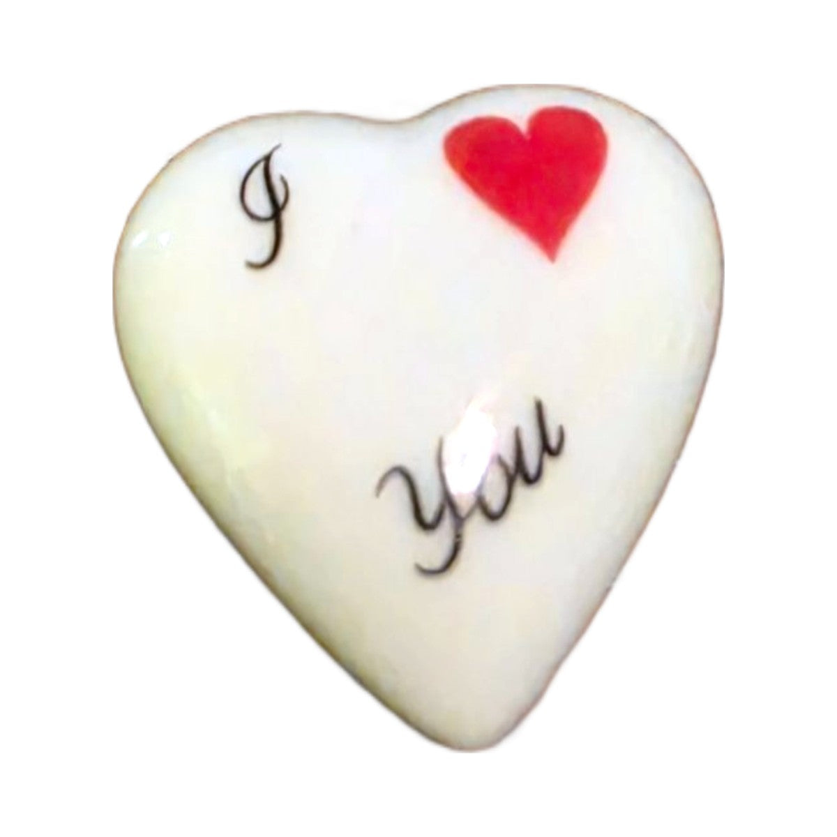 I Love You porcelain goodie trinket, heart shape, 1 inch wide, with a red heart