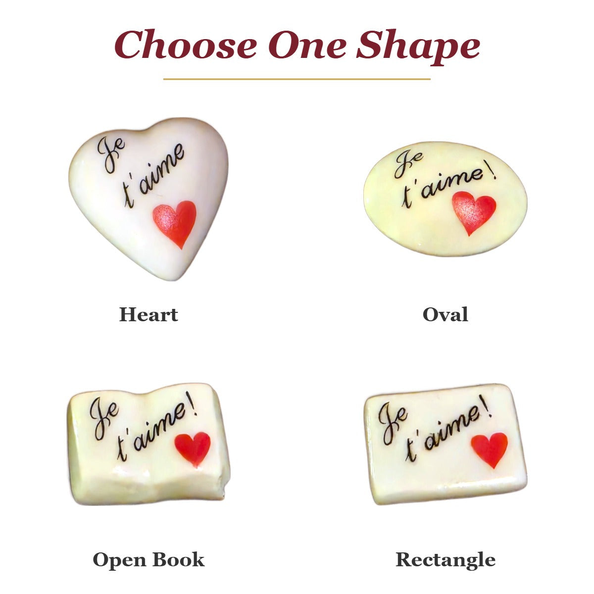 Je T'aime! porcelain goodie trinkets in all shapes: heart, oval, open book, rectangle