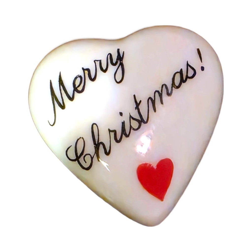 Merry Christmas! porcelain goodie trinket, heart shape, 1 inch wide, with a red heart