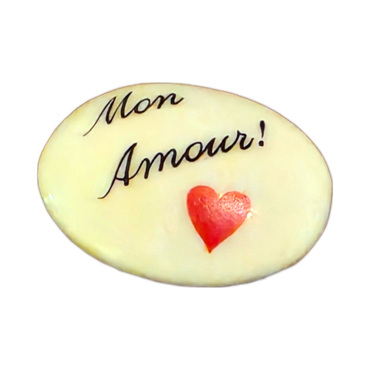 Mon Amour! porcelain goodie trinket, oval shape, 1 inch wide, with a red heart