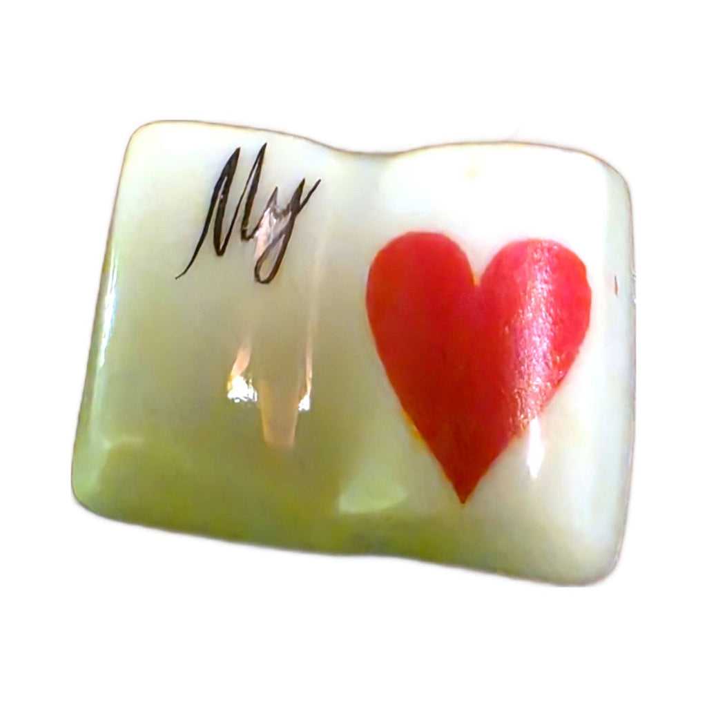 My Love porcelain goodie trinket, open book shape, 5/8 inch wide, with a red heart