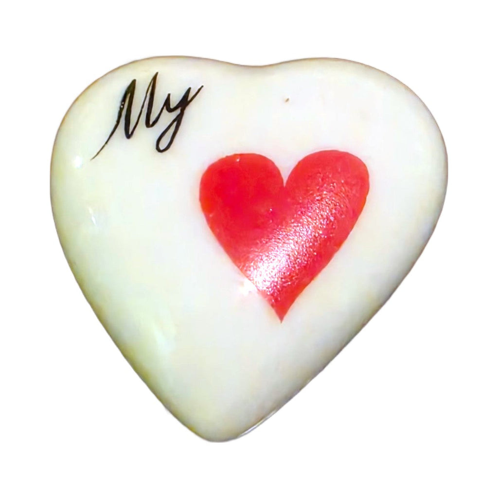 My Love porcelain goodie trinket, heart shape, 1 inch wide, with a red heart