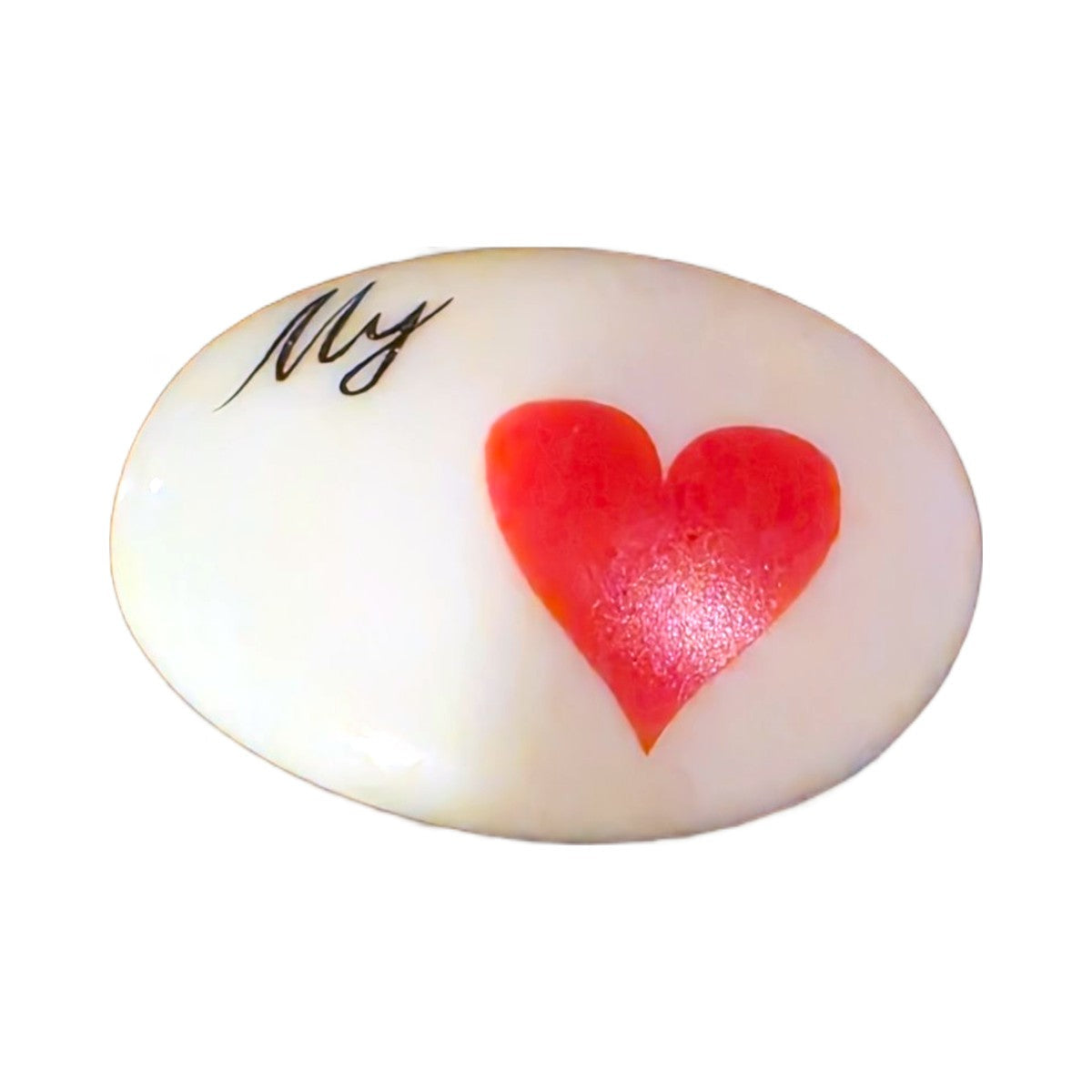 My Love porcelain goodie trinket, oval shape, 1 inch wide, with a red heart