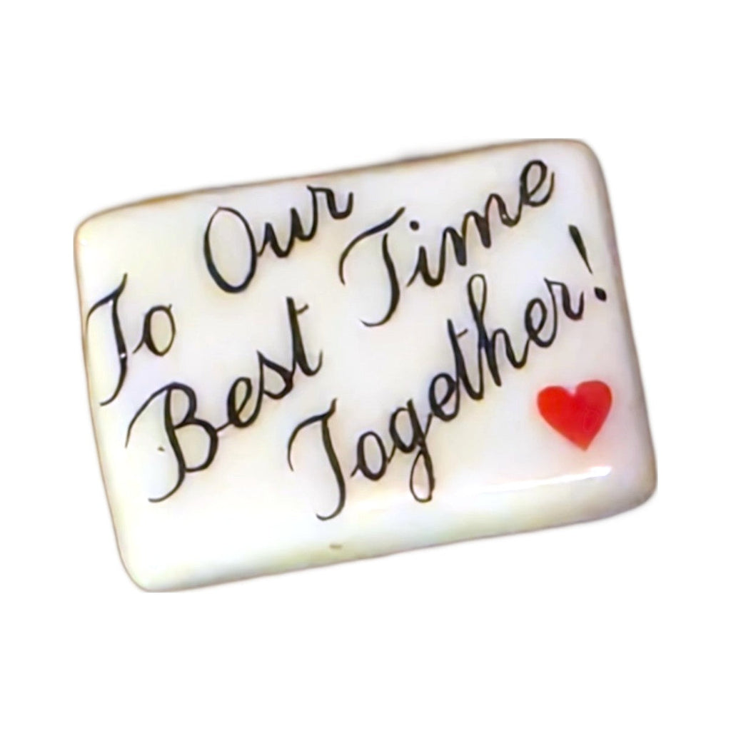 To Our Best Time Together! porcelain goodie trinket, rectangle shape, 5/8 inch wide, with a red heart