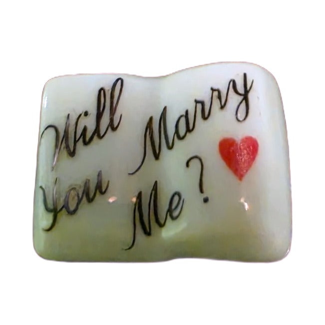 Will You Marry Me? porcelain goodie trinket, open book shape, 5/8 inch wide, with a red heart