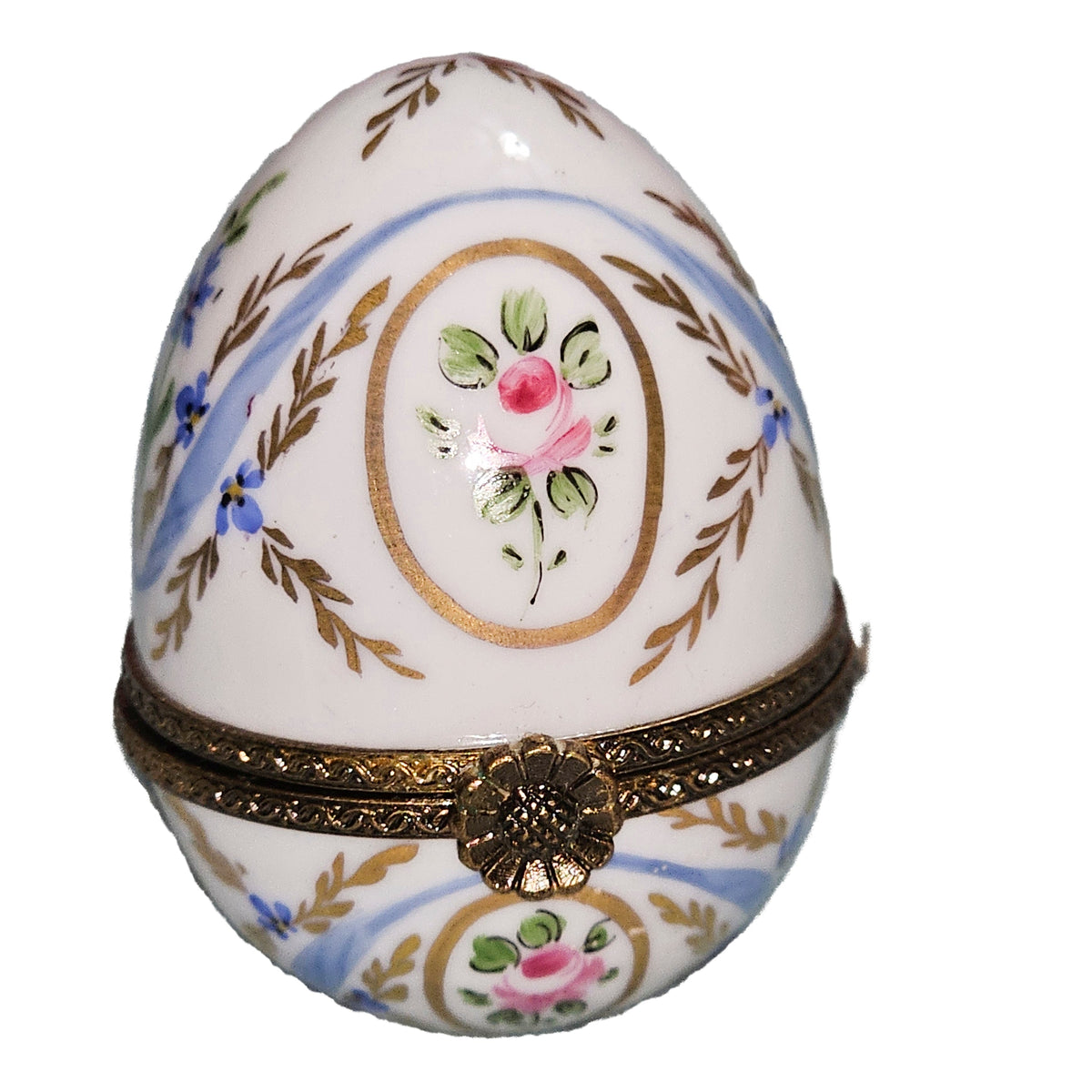White Egg Light Blue w Flower Limoges Box, a hand-painted Limoges porcelain gift