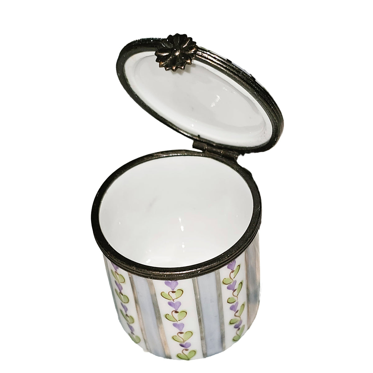 Tall Light Blue Stripes w Flowers Round Box Limoges, view 2