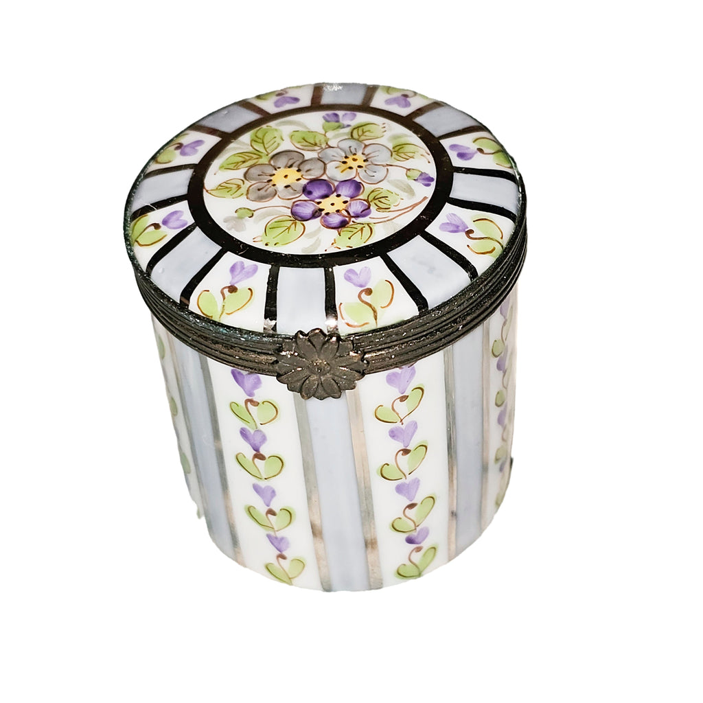Tall Light Blue Stripes w Flowers Round Box Limoges, a hand-painted Limoges porcelain gift