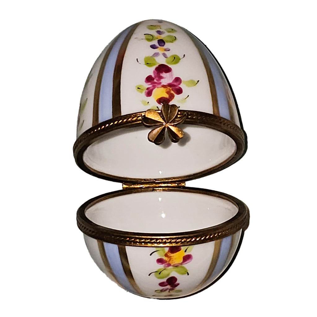 Egg w Light Blue Horizontal Stripes Flowers Limoges Box, view 4