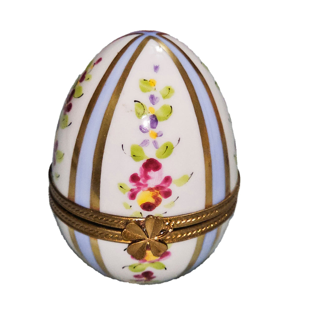 Egg w Light Blue Horizontal Stripes Flowers Limoges Box, a hand-painted Limoges porcelain gift