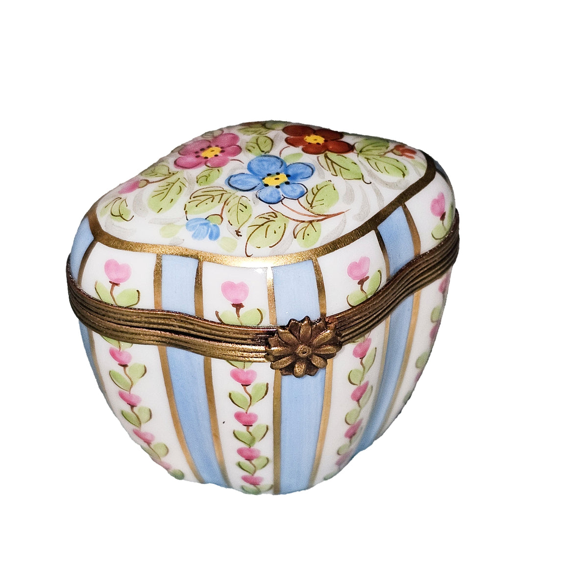 Tall Scalloped Light Blue Striped Limoges Box for Gifts, a hand-painted Limoges porcelain gift