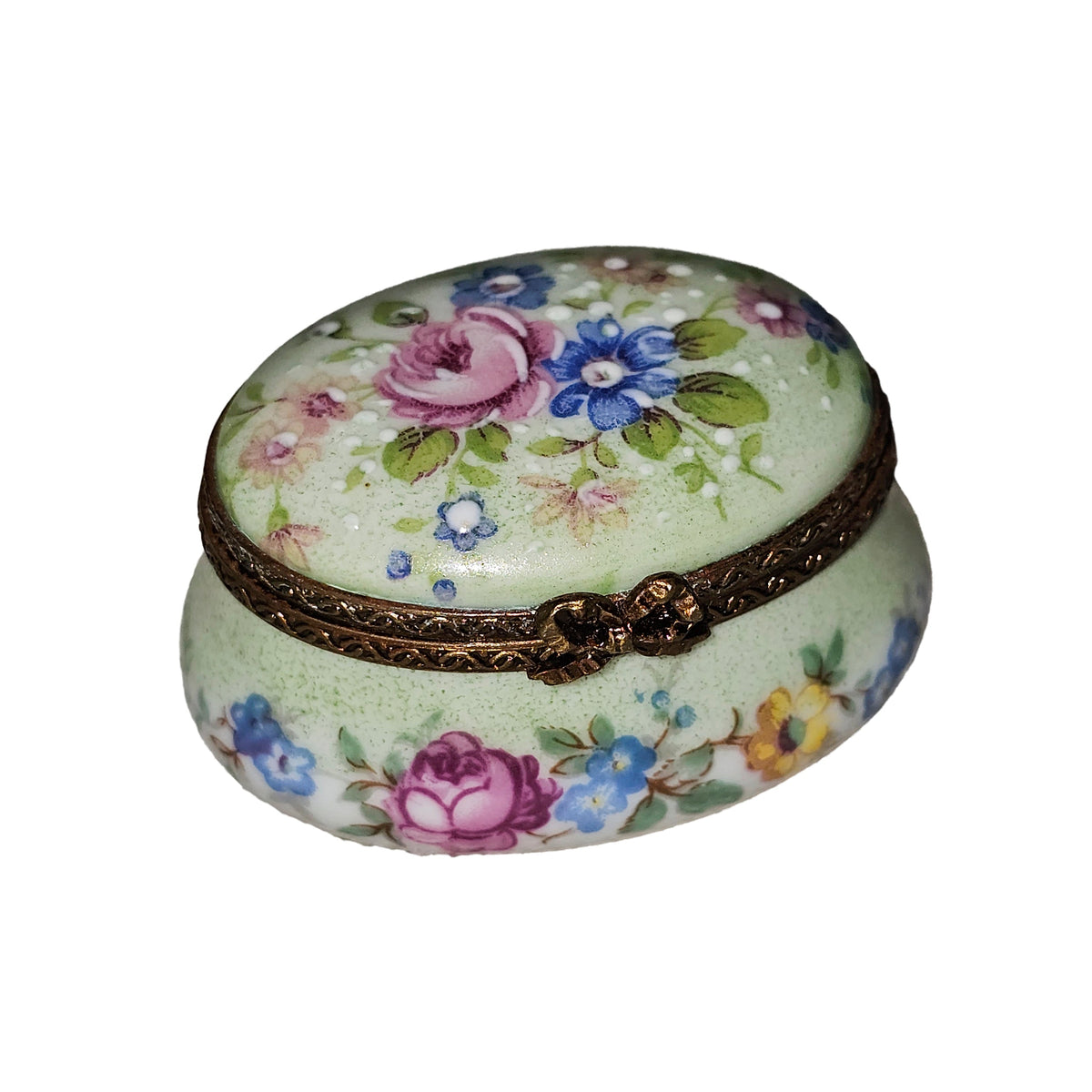 Light Green w Flowers Oval, a hand-painted Limoges porcelain gift