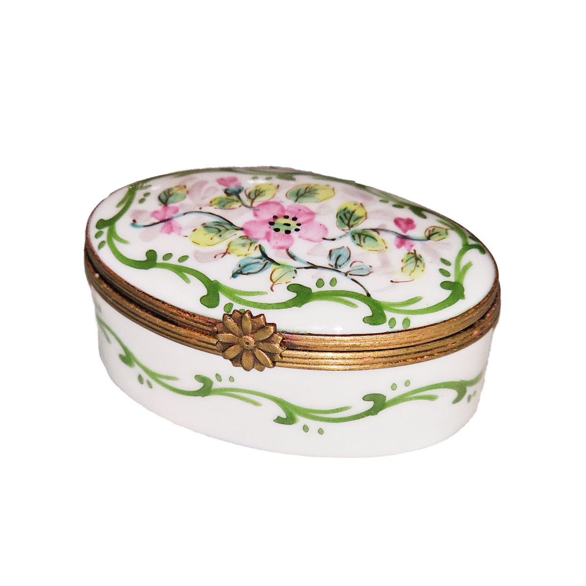 Light Pink Flowers on Oval Limoges Box, a hand-painted Limoges porcelain gift