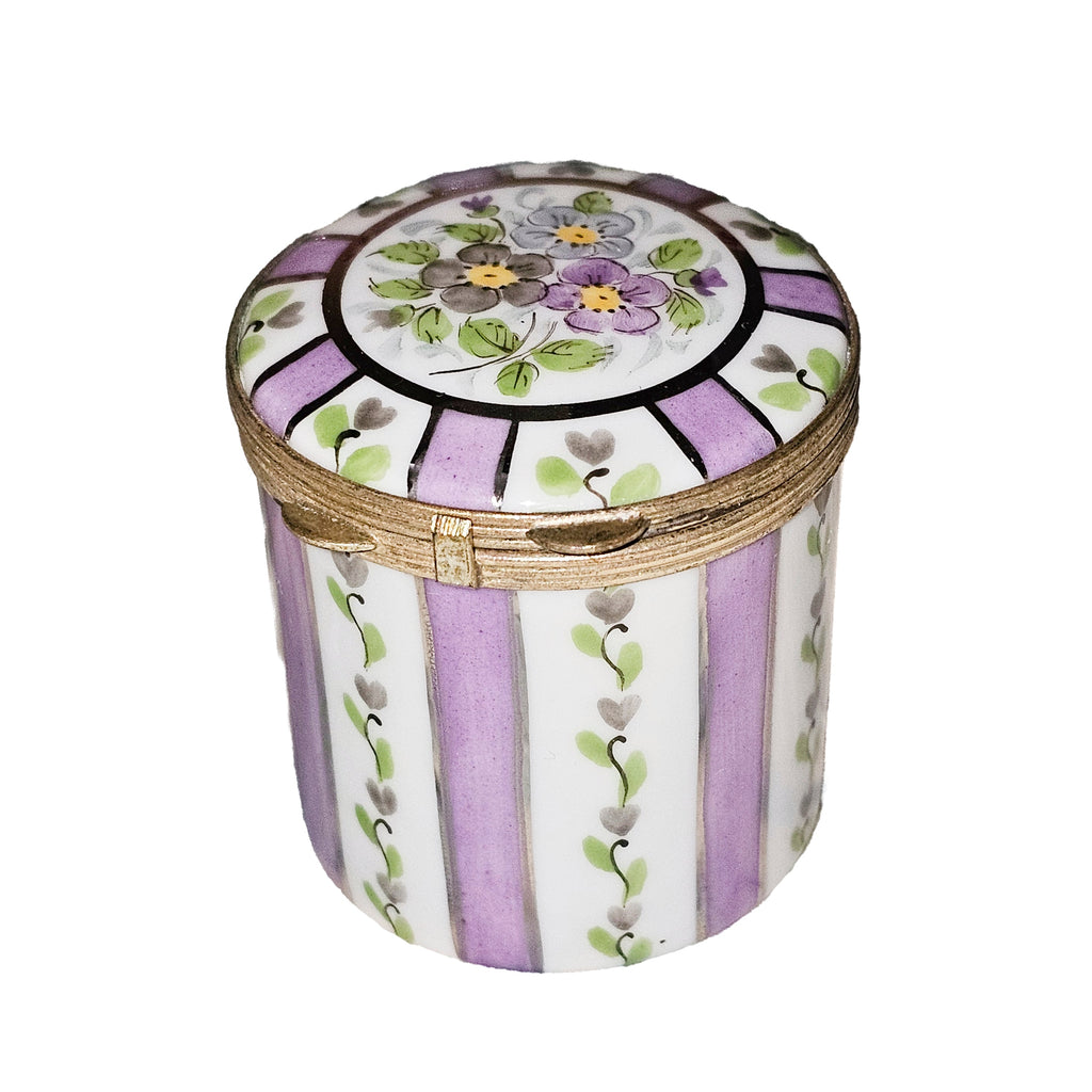 Tall Light Purple Stripes w Flowers Box, a hand-painted Limoges porcelain gift