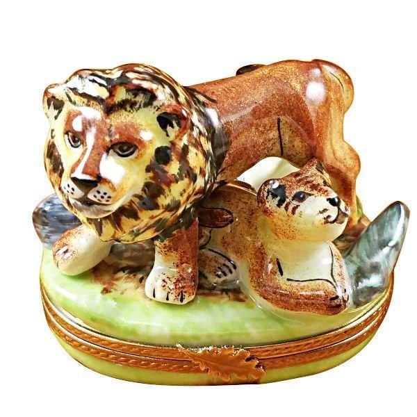 Lion with Baby Limoges Box for Collectors, a hand-painted Limoges porcelain gift