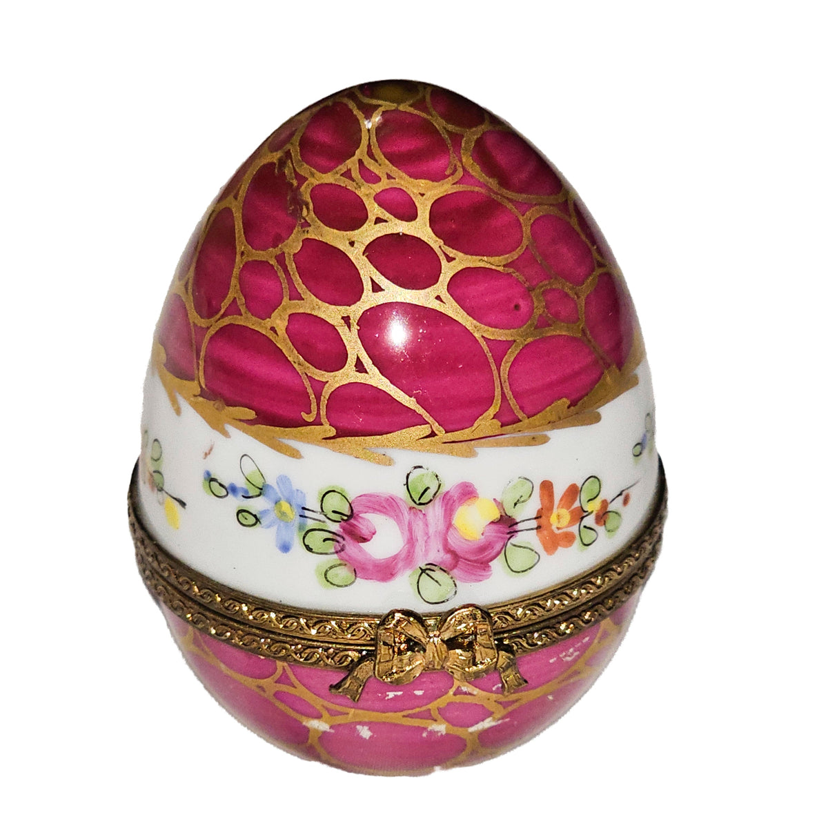 Maroon Egg w Flowers with Gold Overlays, a hand-painted Limoges porcelain gift