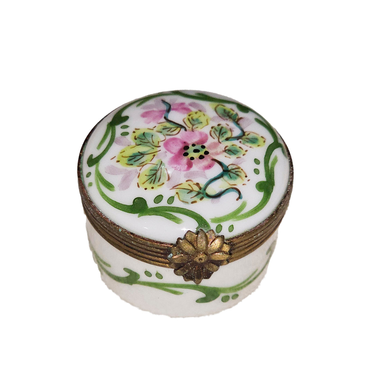 Mini Round Pink Flower and Leaves Box, a hand-painted Limoges porcelain gift