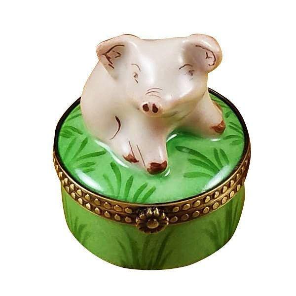 Mini Pig Green Base Limoges Box, a hand-painted Limoges porcelain gift